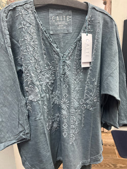 Caite & Kyla gunmetal blue embroidered top