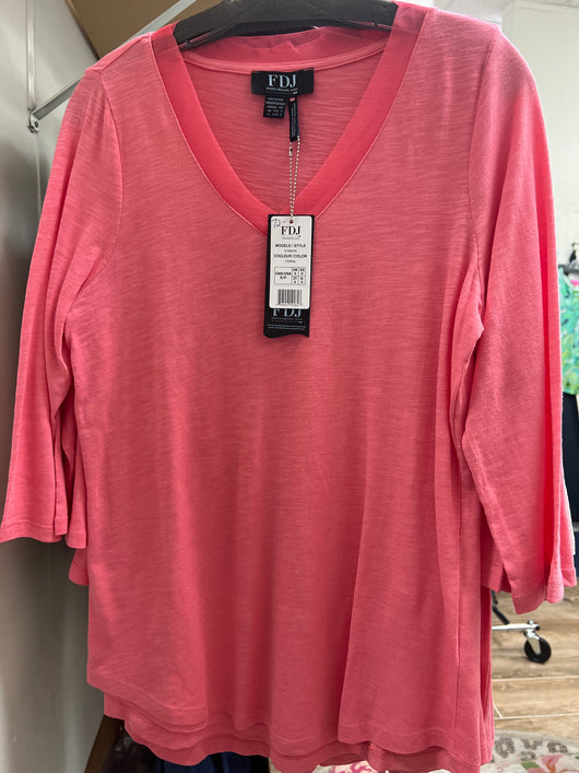 FDJ v neck 3/4 top w/ sheer trim coral