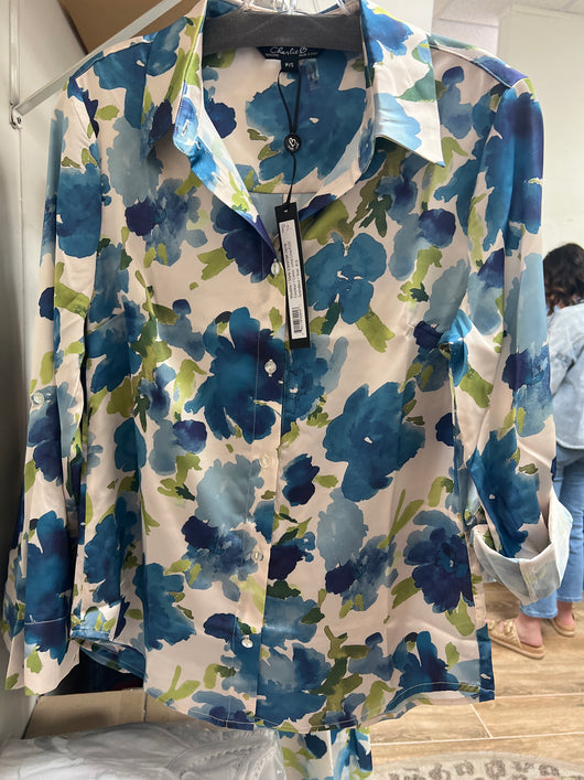 Charlie B blue lime watercolor blouse