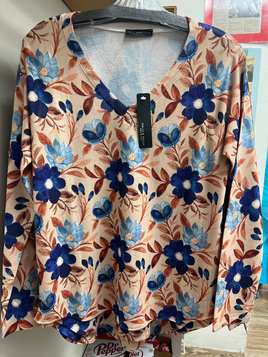 Nally & Millie tan blue floral top