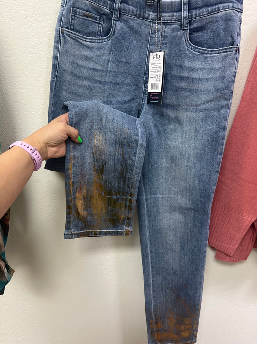 FDJ pull on pencil ankle gold painted jeans
