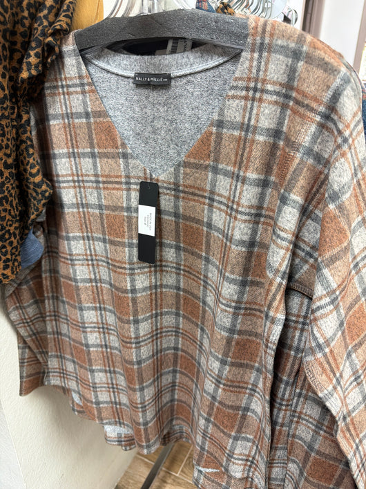 Nally & Millie grey & tan plaid top
