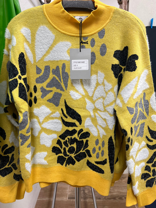 Rain & Rose floral mock neck sweater yellow