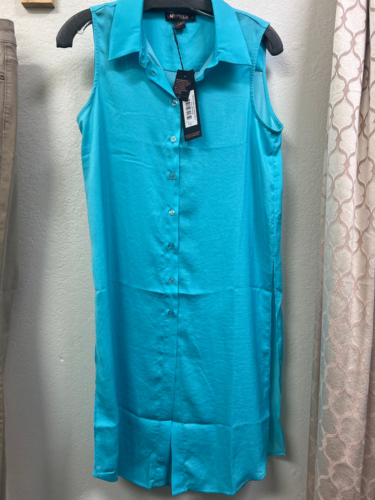 Renuar sleeveless button up slit side tunic aquamarine