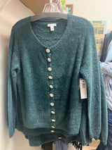 Tribal alpine green fuzzy cardigan w/ jewel buttons