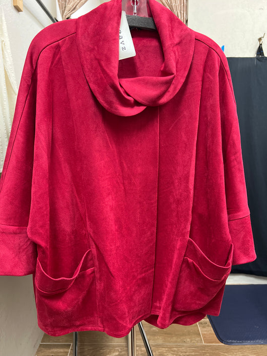 Weave faux suede cape jacket red
