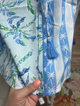 Tribal water blue ruffle sleeve tassel top