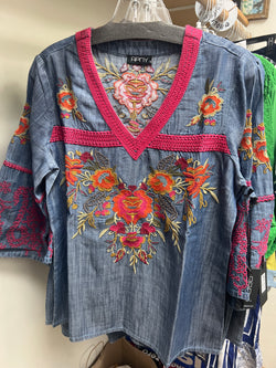 APNY floral embroidered denim v neck top