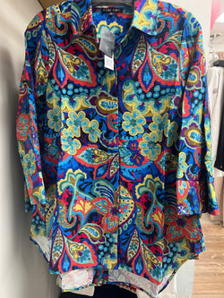 Boho chic blue multi abstract button up blouse
