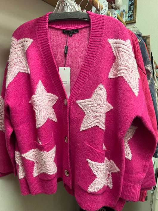FunSport white stars pink sweater cardigan