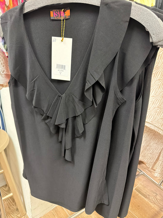 Isle black ruffle neck tank