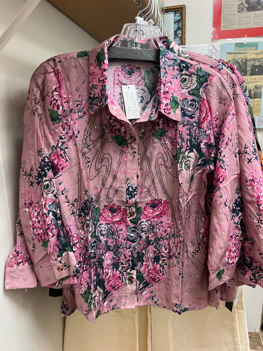 AZI pink button up sparkle floral shirt