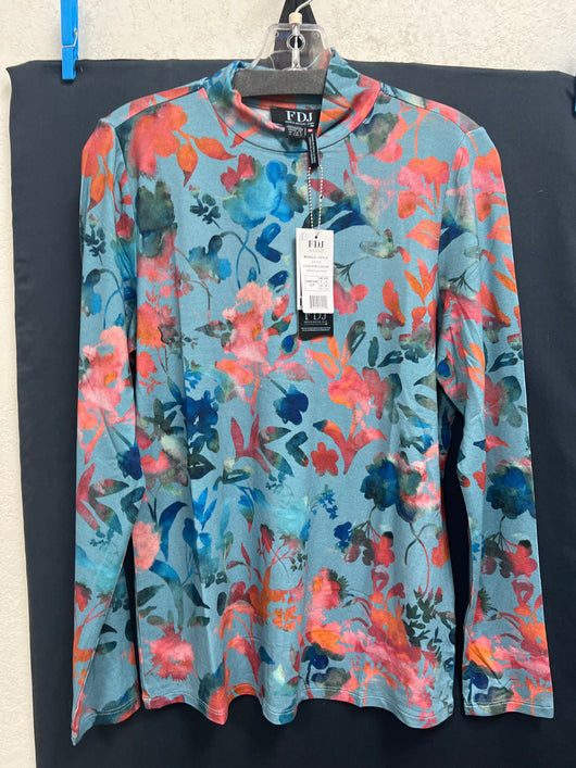 FDJ magnolia print blue mock neck top