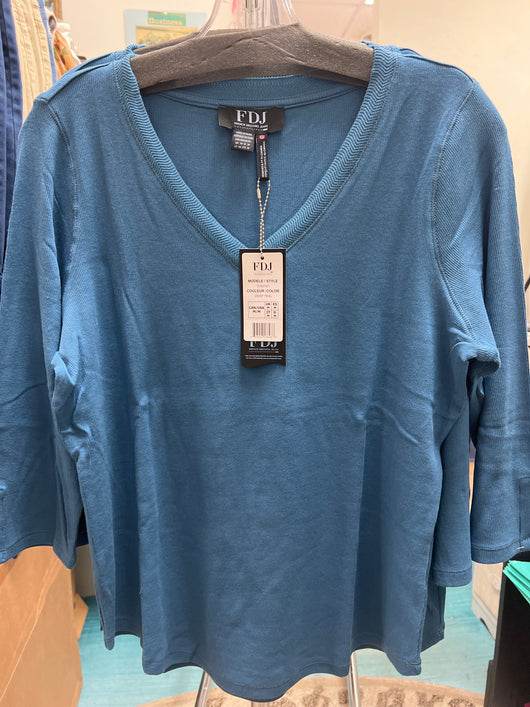 FDJ 3/4 sleeve v neck ribbed top deep teal