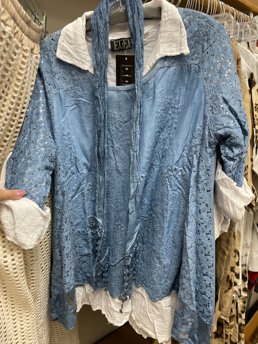 Elle denim blue layered top w/ scarf