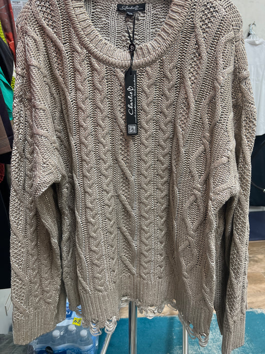 Charlie B champagne metallic cable knit sweater