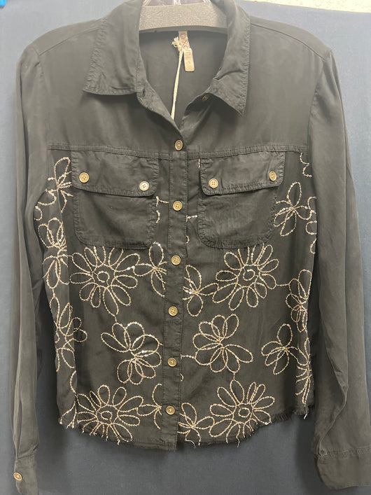 XCVI black shacket with floral embellishment
