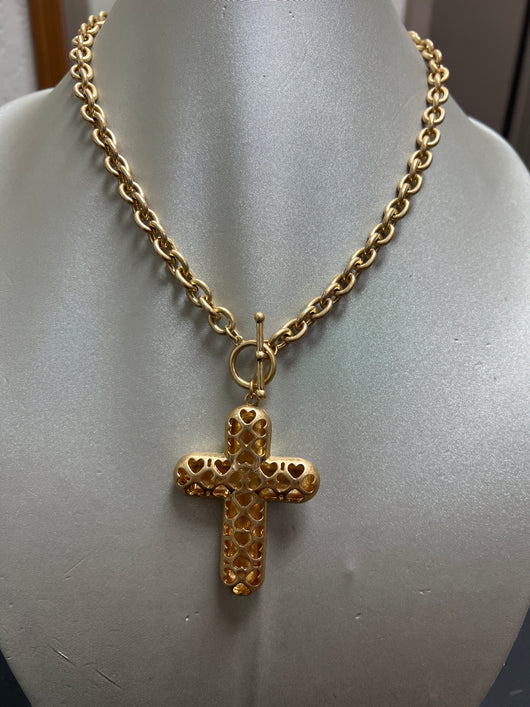 Lordane gold cross pendant w/ heart cutouts necklace