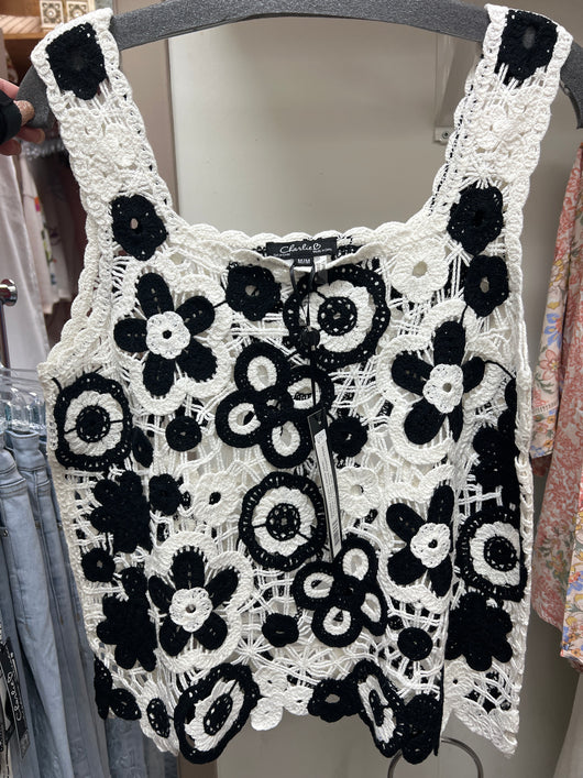 Charlie B pepper black white crochet tank