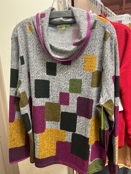 Trisha Tyler grey purple multi blocks sweater