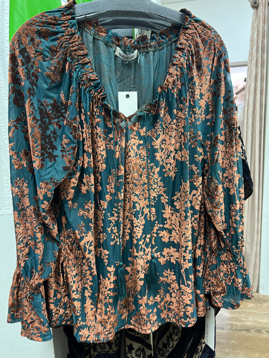 Paparazzi teal copper velvet peasant top
