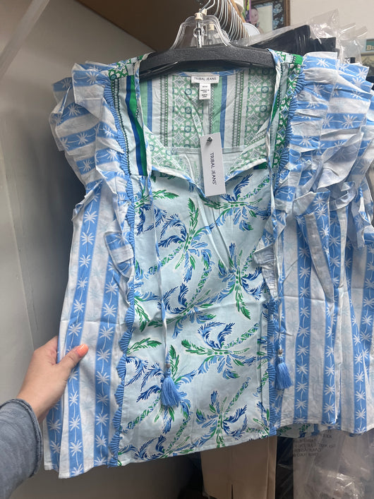 Tribal water blue ruffle sleeve tassel top
