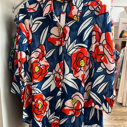 Boho chic red white blue floral shirt