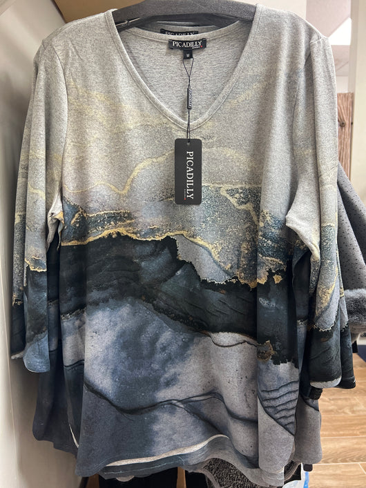 Picadilly grey blue multi v neck top