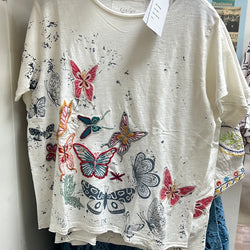 Caite ivory butterfly embroidered top