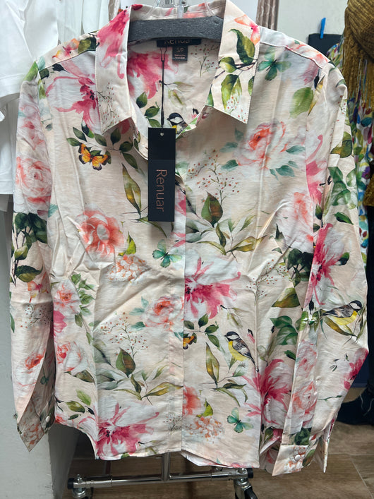 Renuar rosette combo floral bird blouse