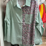 Entro green stripe floral button up shirt