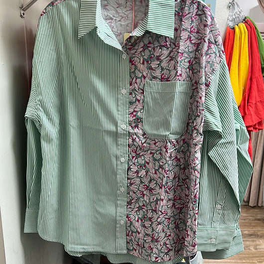 Entro green stripe floral button up shirt
