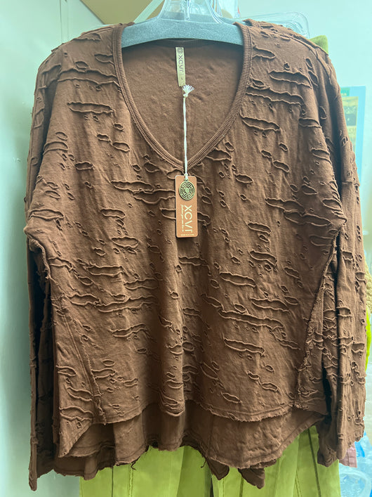 XCVI brown distressed v neck top