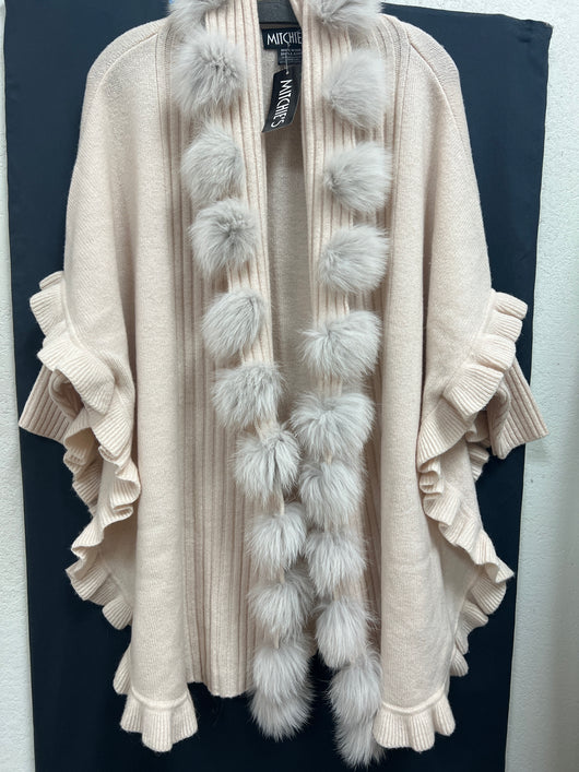 Mitchie’s fox fur Pom ruffle wrap
