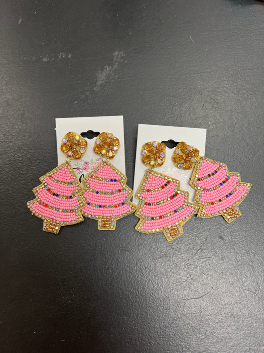 Pink Christmas tree earrings