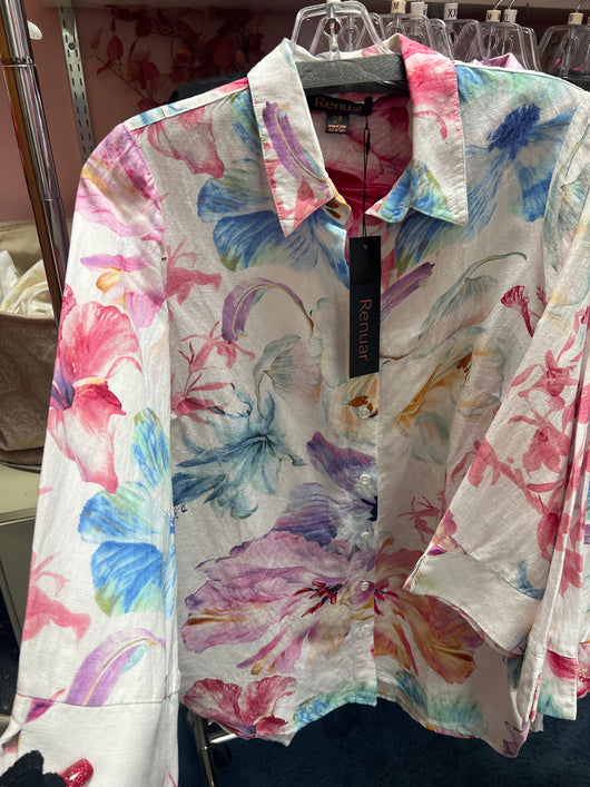 Renuar white floral button up linen shirt