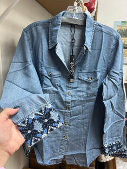 Charlie B chambray tencel embroidered shirt