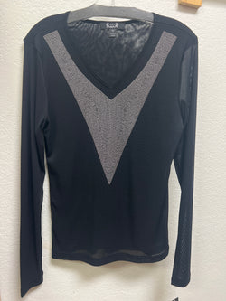 AZI sheer black rhinestone v neck top