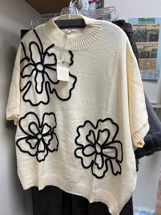 Easel ivory sweater w/ black flowers