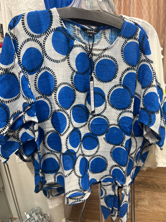 Charlie B tennis print blue circles gauze top