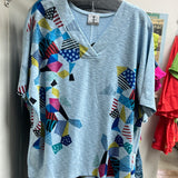 INoah light blue multi abstract v-neck top