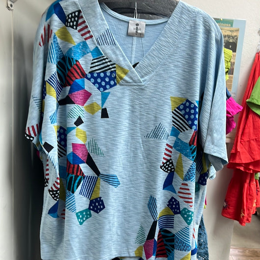 INoah light blue multi abstract v-neck top