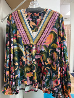 FDJ garden camouflage v neck mixed media top