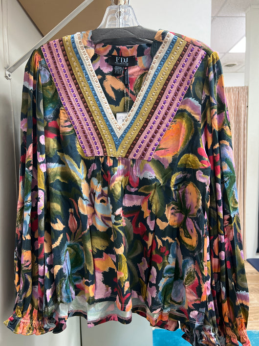 FDJ garden camouflage v neck mixed media top