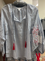 Tribal sailboat stripe red embroidered blouse