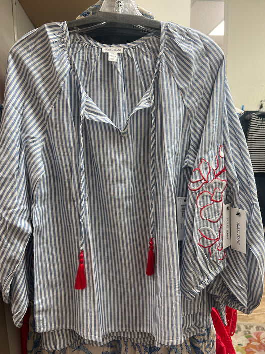 Tribal sailboat stripe red embroidered blouse