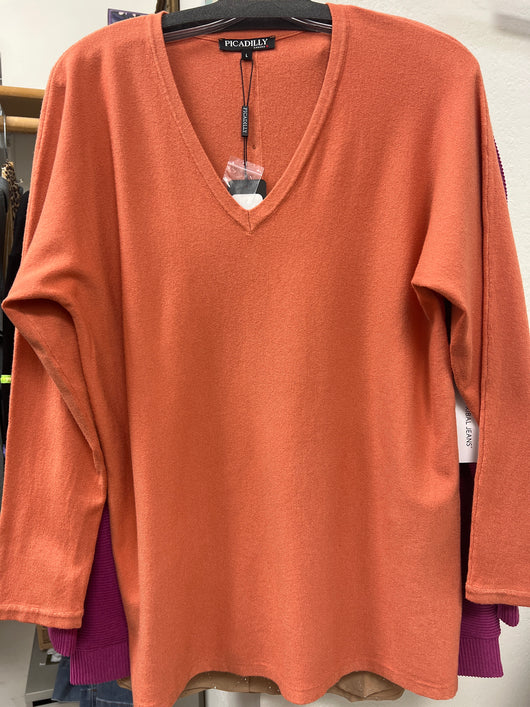 Picadilly v-neck sweater w/ back buttons terra cotta