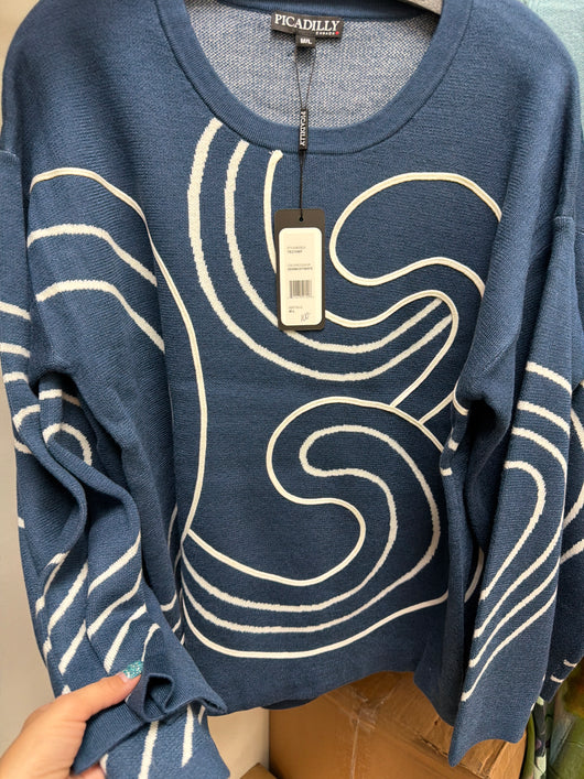 Picadilly white swirls blue sweater