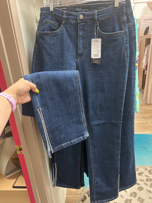 FDJ Suzanne straight leg dark blue bling side slit jeans