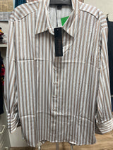 Renuar silky striped button up shirt tan combo